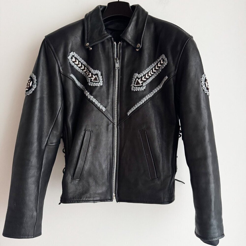 Vintage Black Leather Beaded Jacket Braised with side Ties.